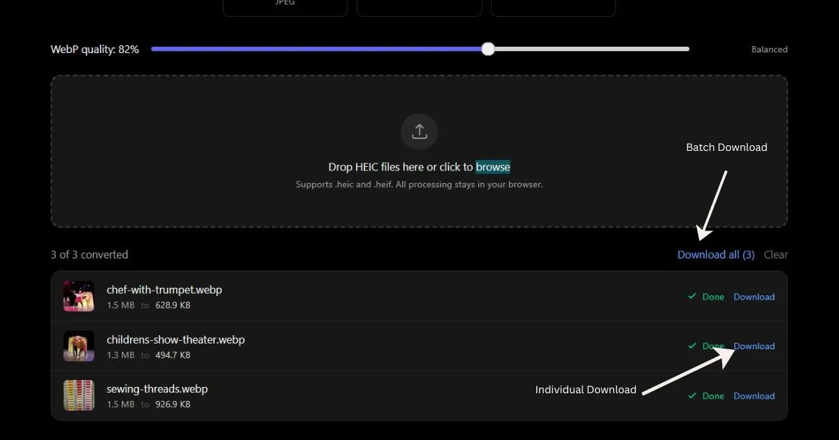 ImgTweak showing batch HEIC conversion with multiple files and ZIP download option