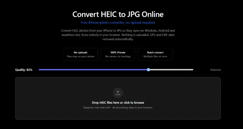 ImgTweak HEIC to JPG converter showing the upload area and quality slider