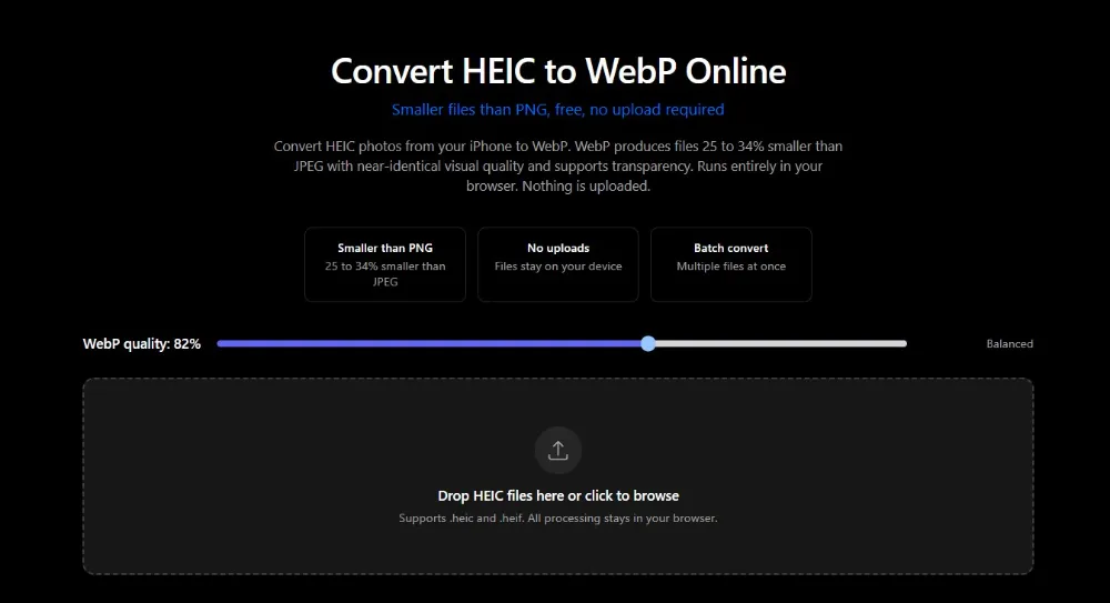 ImgTweak HEIC to WebP converter with quality adjustment controls