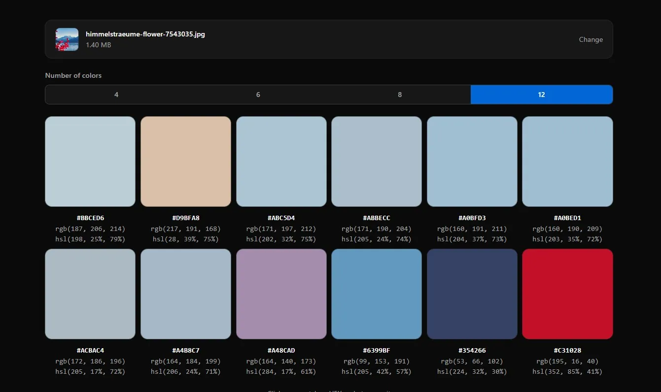Color count selector showing 4, 6, 8 and 12 color options with extracted swatches below