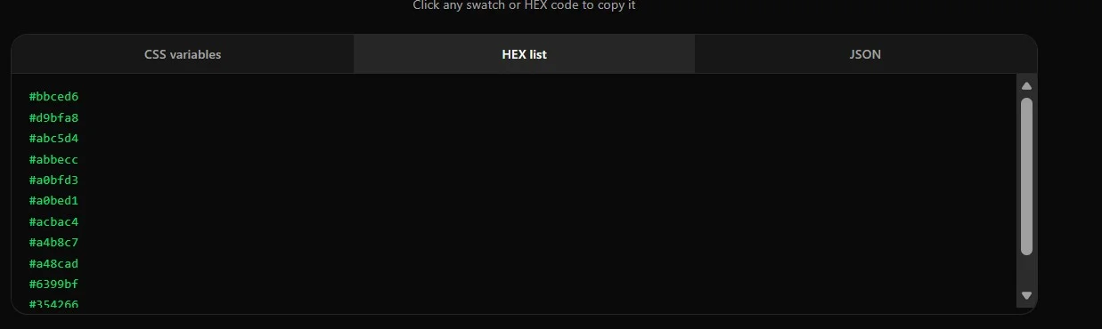 CSS variables, HEX list and JSON export tabs with the copy button and custom prefix field