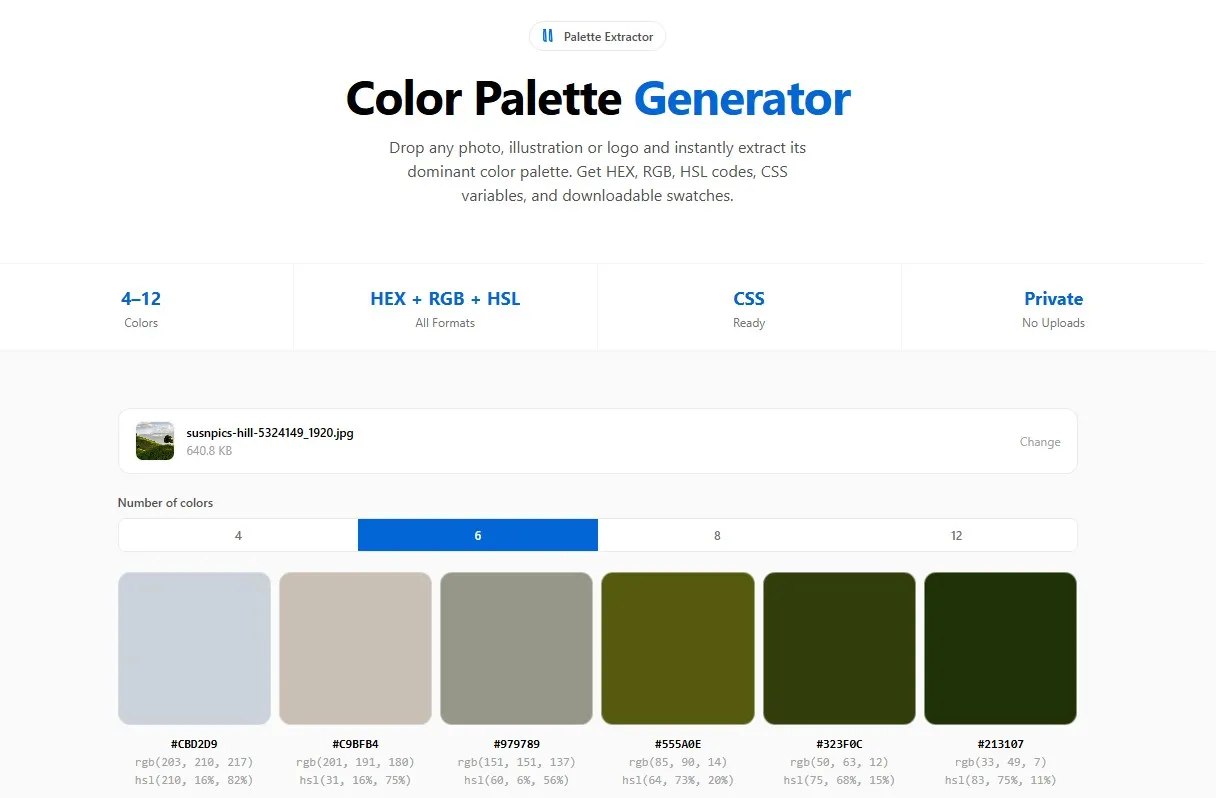 ImgTweak color palette generator showing the drop zone and extracted dominant color palette