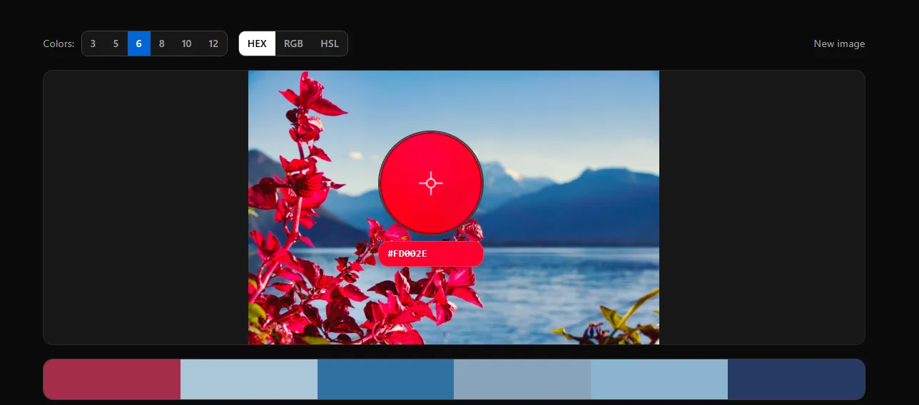 Magnifying loupe overlay showing zoomed pixel view and live HEX color value while hovering over an image