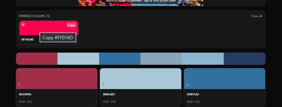 Pinned colors panel showing individually selected pixel colors with copy buttons