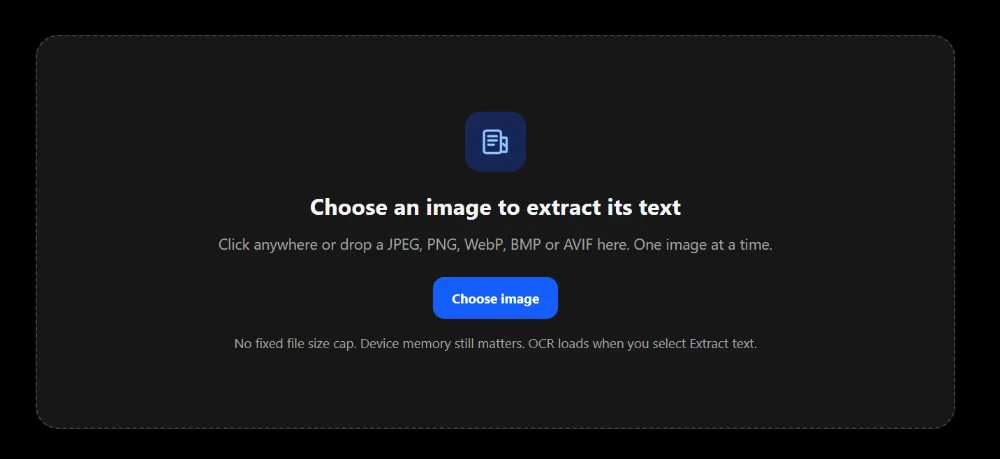 ImgTweak image to text tool dropzone before an image has been uploaded