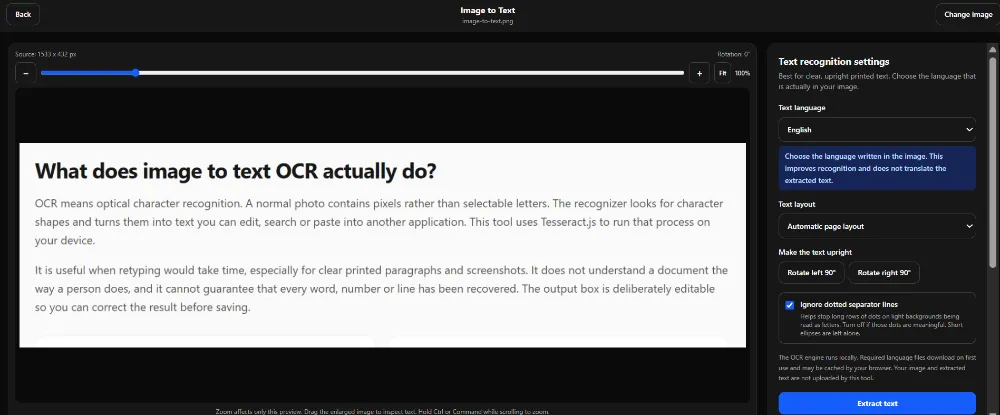 ImgTweak image to text editor showing the source image preview alongside language, layout and rotation settings