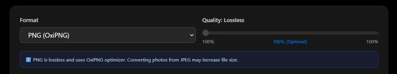 ImgTweak editor showing PNG OxiPNG format selected with Lossless quality label