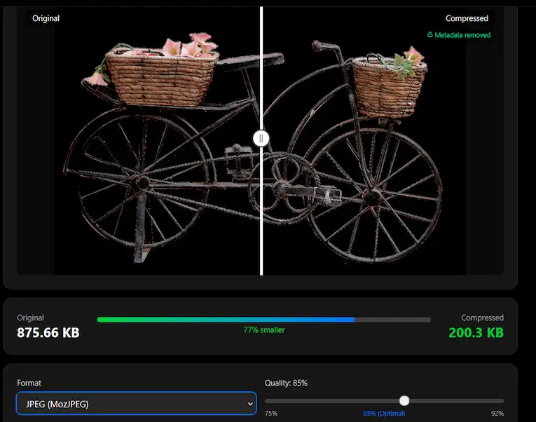 ImgTweak PNG to JPG converter showing quality slider and transparency warning notice