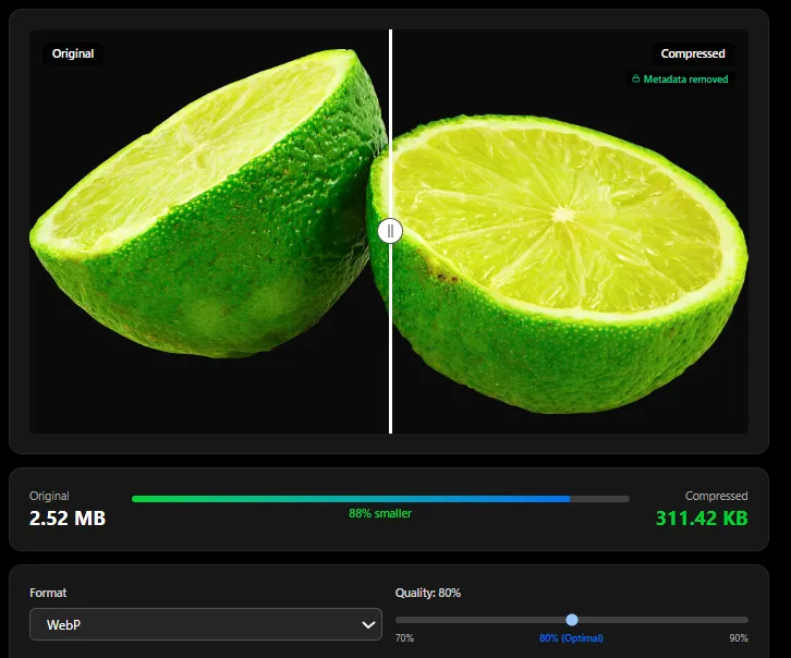 ImgTweak PNG to WebP converter showing quality slider and drop zone