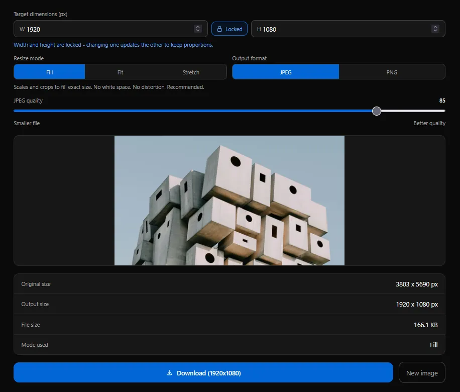 ImgTweak resize image tool showing target pixel dimensions and resize mode options