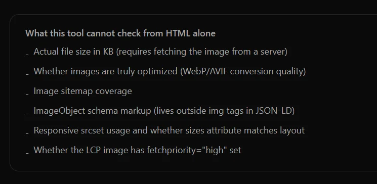 ImgTweak image SEO checker showing the list of things it cannot verify from HTML alone, including fetchpriority