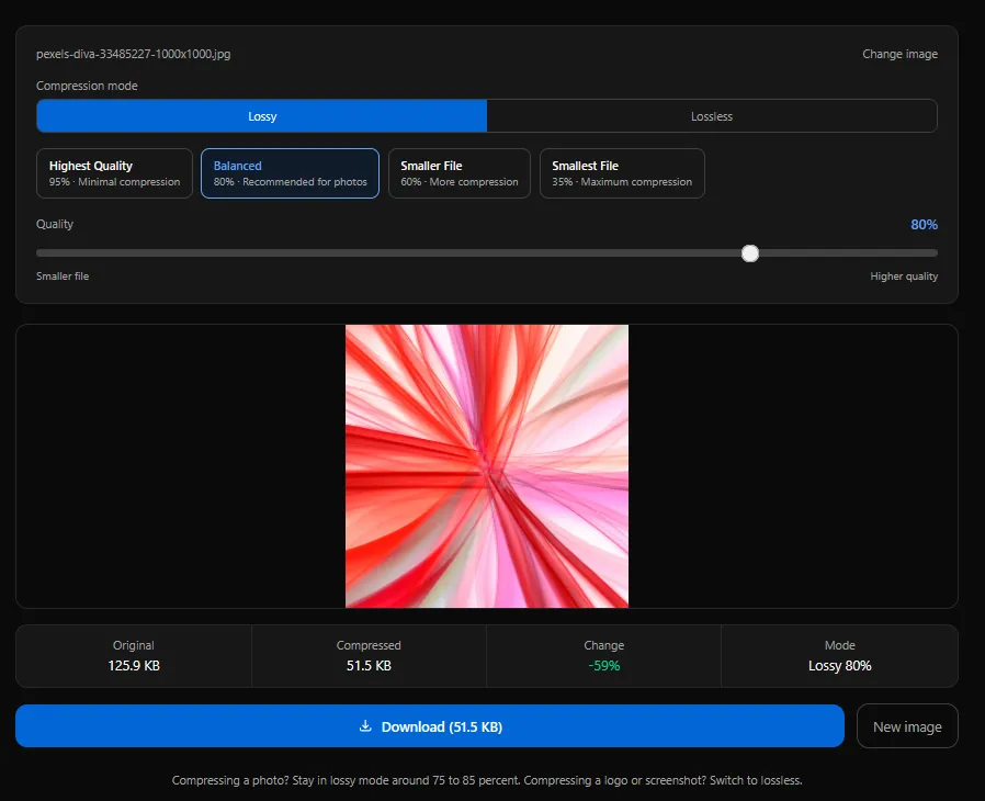 ImgTweak WebP compressor showing the quality slider and live compressed file size