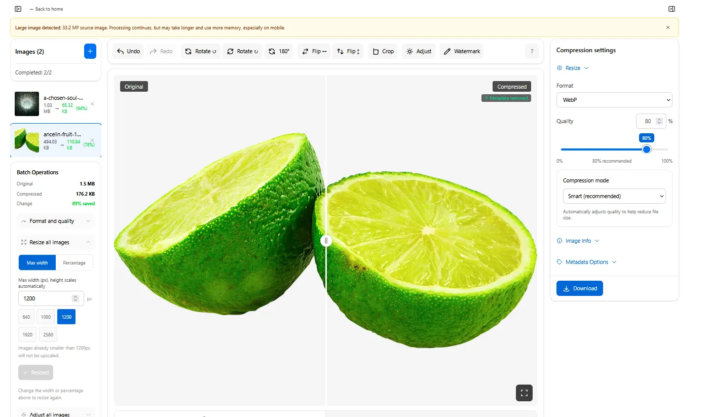 ImgTweak batch editor showing two images resized to a max width of 1200px and compressed to WebP, one reduced 94 percent and the other 78 percent