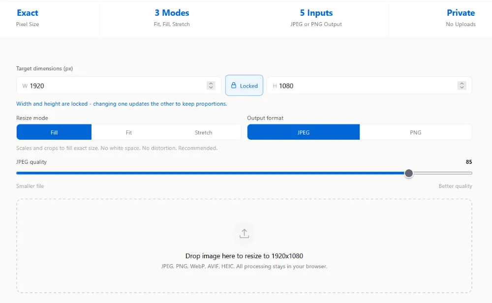 ImgTweak resize tool showing target width and height input fields with aspect ratio lock