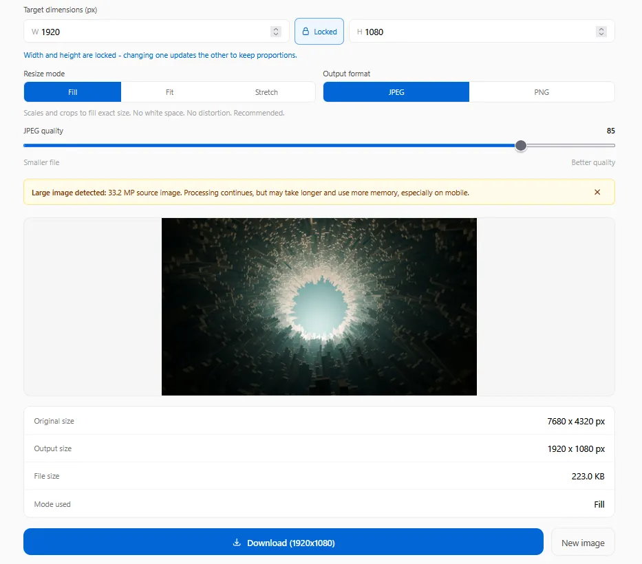 ImgTweak resize tool result panel showing an 8K 7680 by 4320 pixel source resized to 1920 by 1080 pixels at 223KB using Fill mode