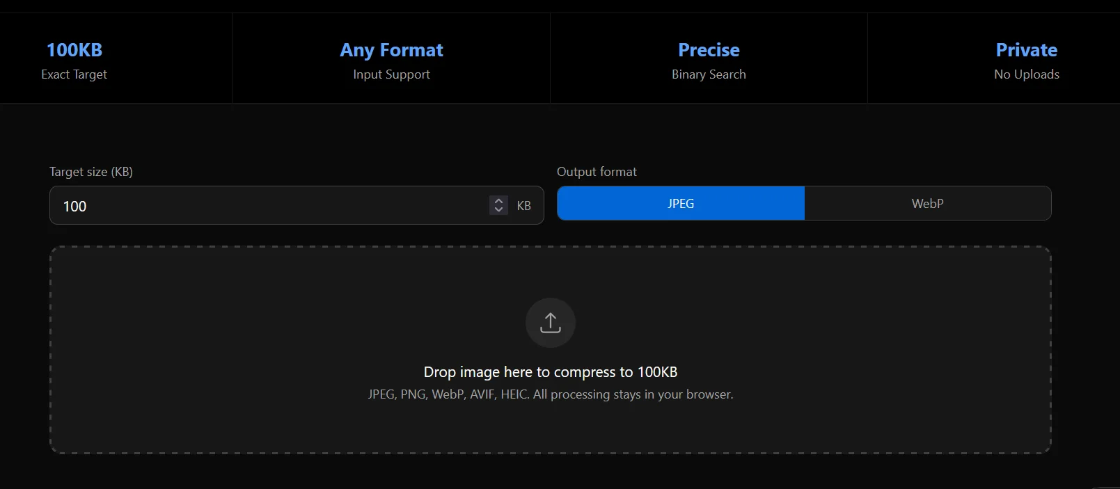 Target size input field and JPEG WebP format toggle on the ImgTweak compress to size tool