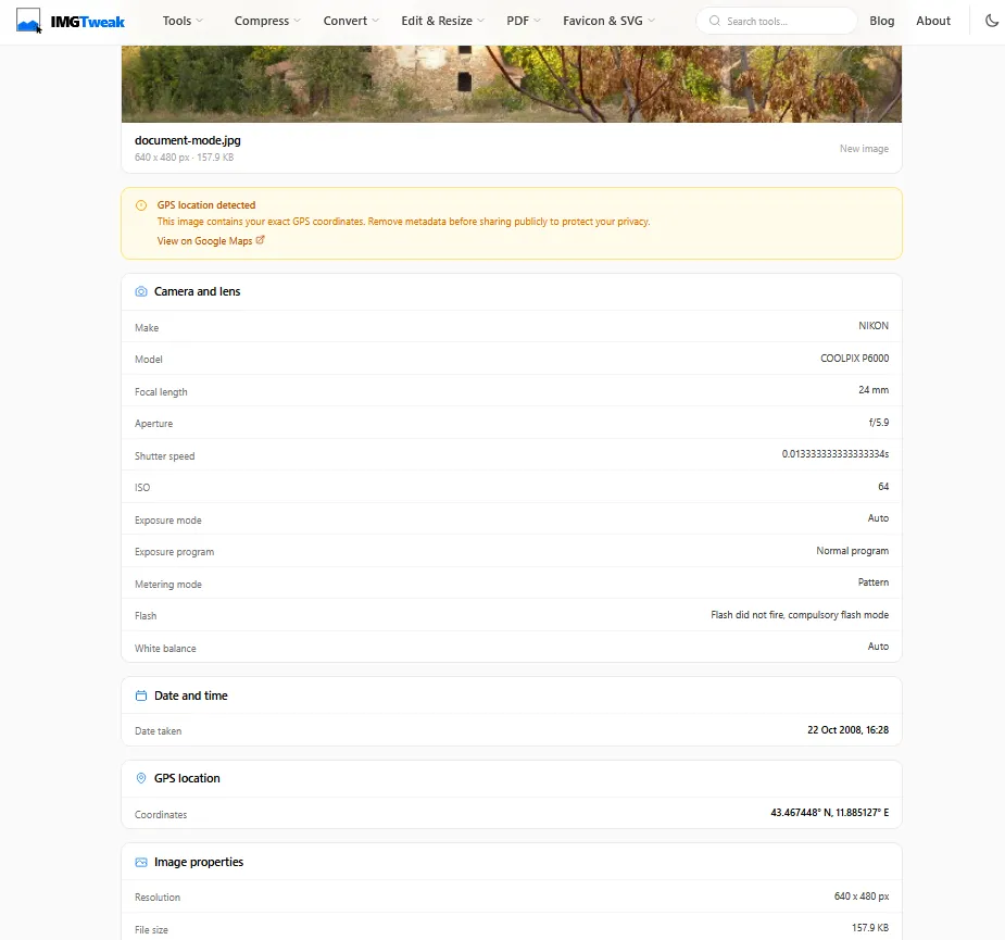 ImgTweak image info tool showing full EXIF and GPS metadata still intact on a photo received through WhatsApp Document mode