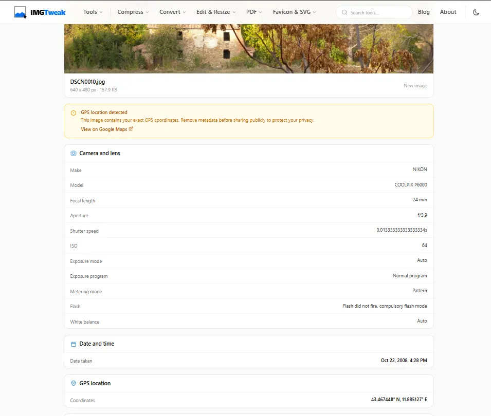 ImgTweak image info tool showing full EXIF metadata including GPS coordinates on the original unsent photo
