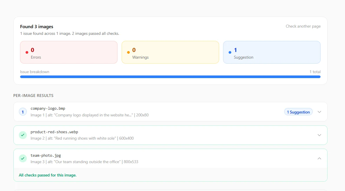 Image SEO checker flagging an outdated format on a screenshot style image