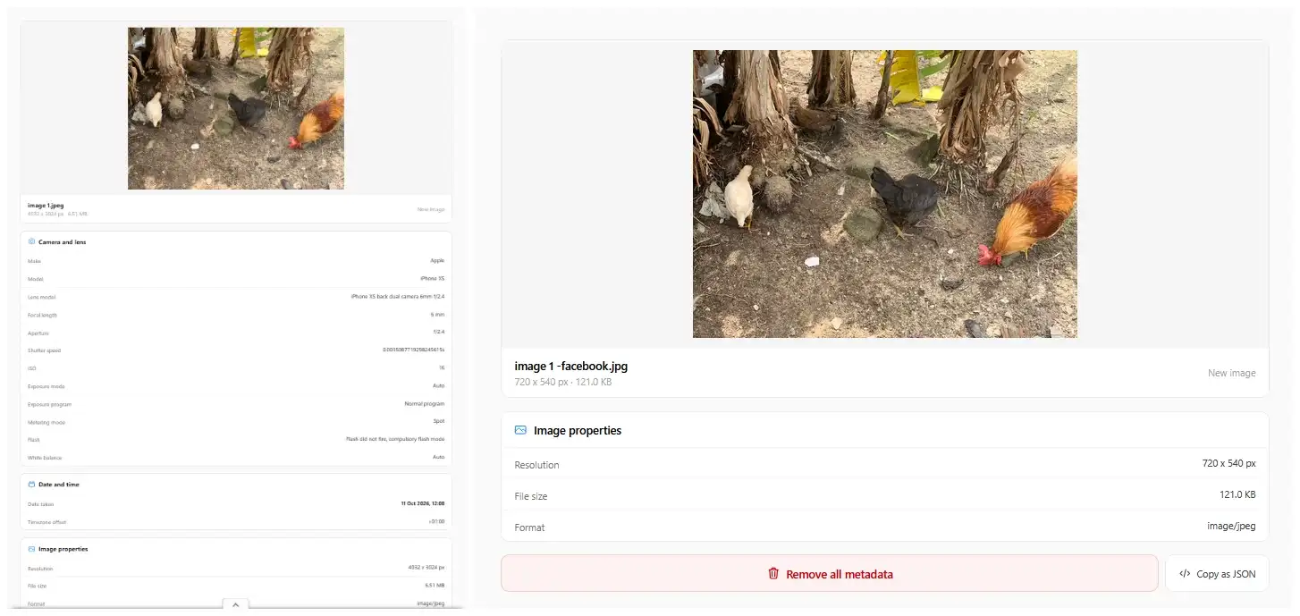 ImgTweak image info tool showing metadata present on the original photo and missing on the copy saved back from the platform