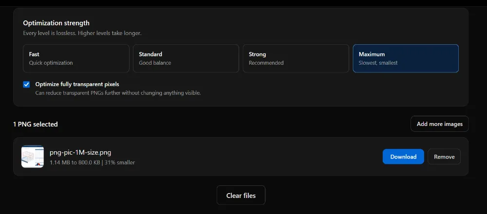 ImgTweak PNG compressor showing the original and optimized file size with percentage saved
